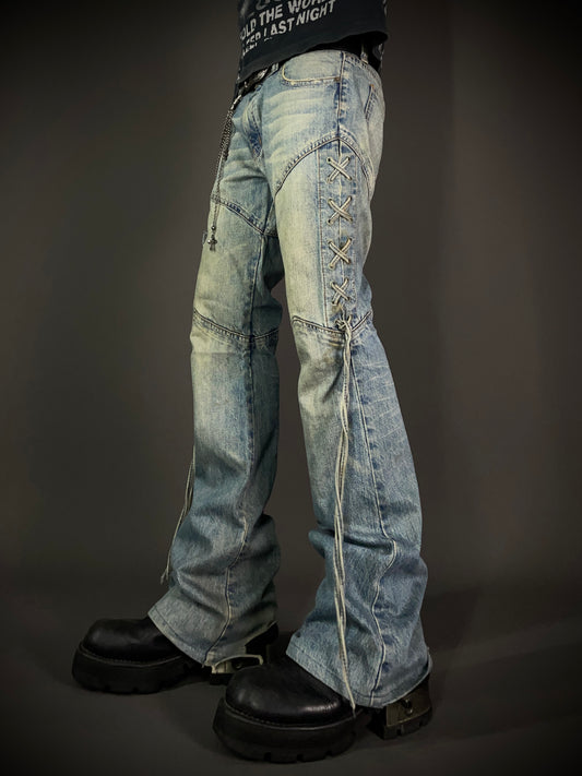 Semantic Design Thigh Lace-Up Flared Jeans