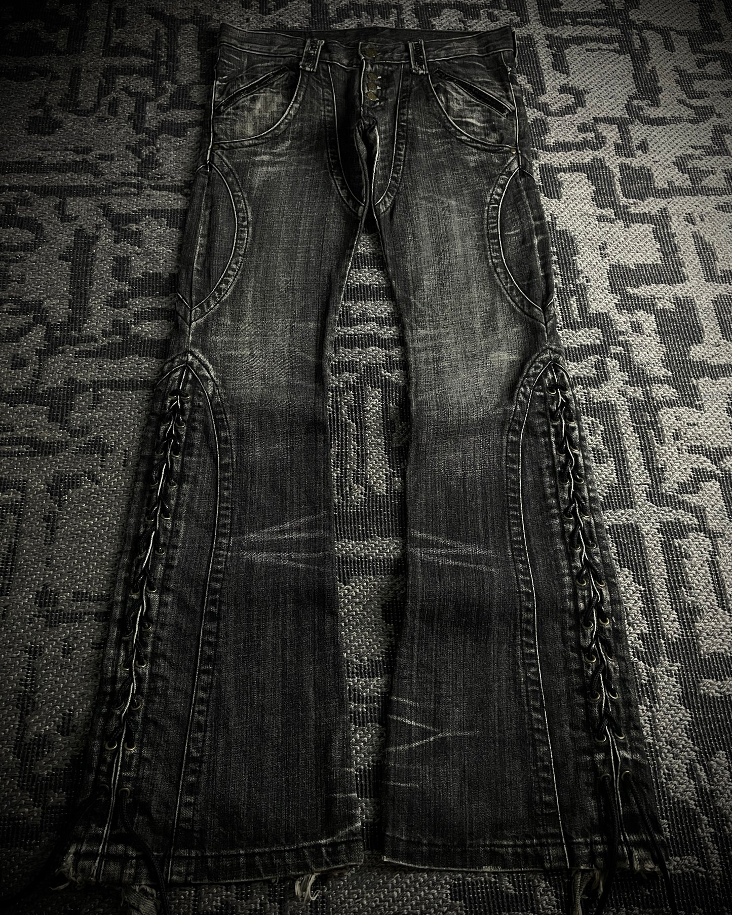 Tornado Mart Curved Panel Lace Up Flared Denim