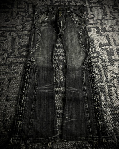 Tornado Mart Curved Panel Lace Up Flared Denim