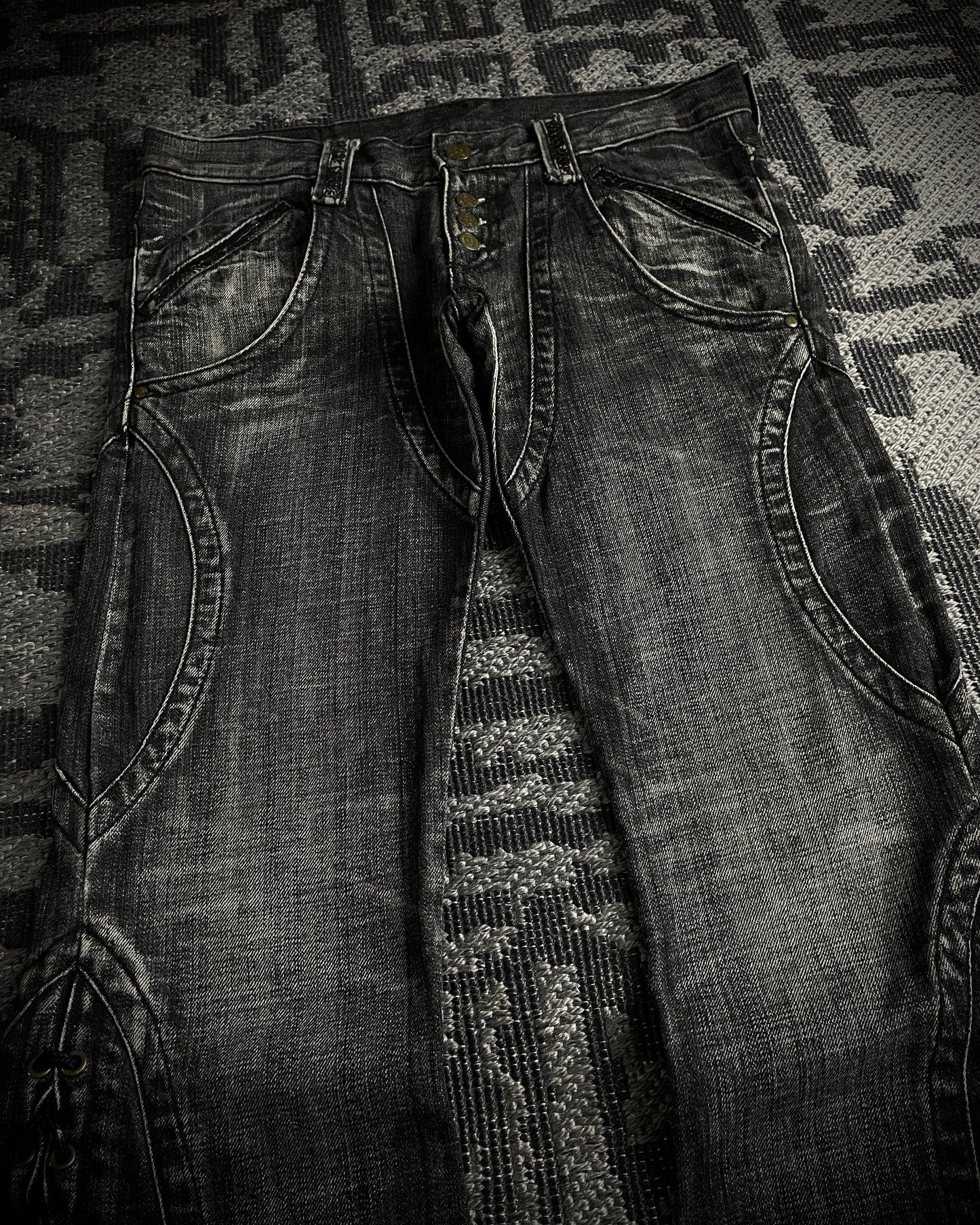 Tornado Mart Curved Panel Lace Up Flared Denim