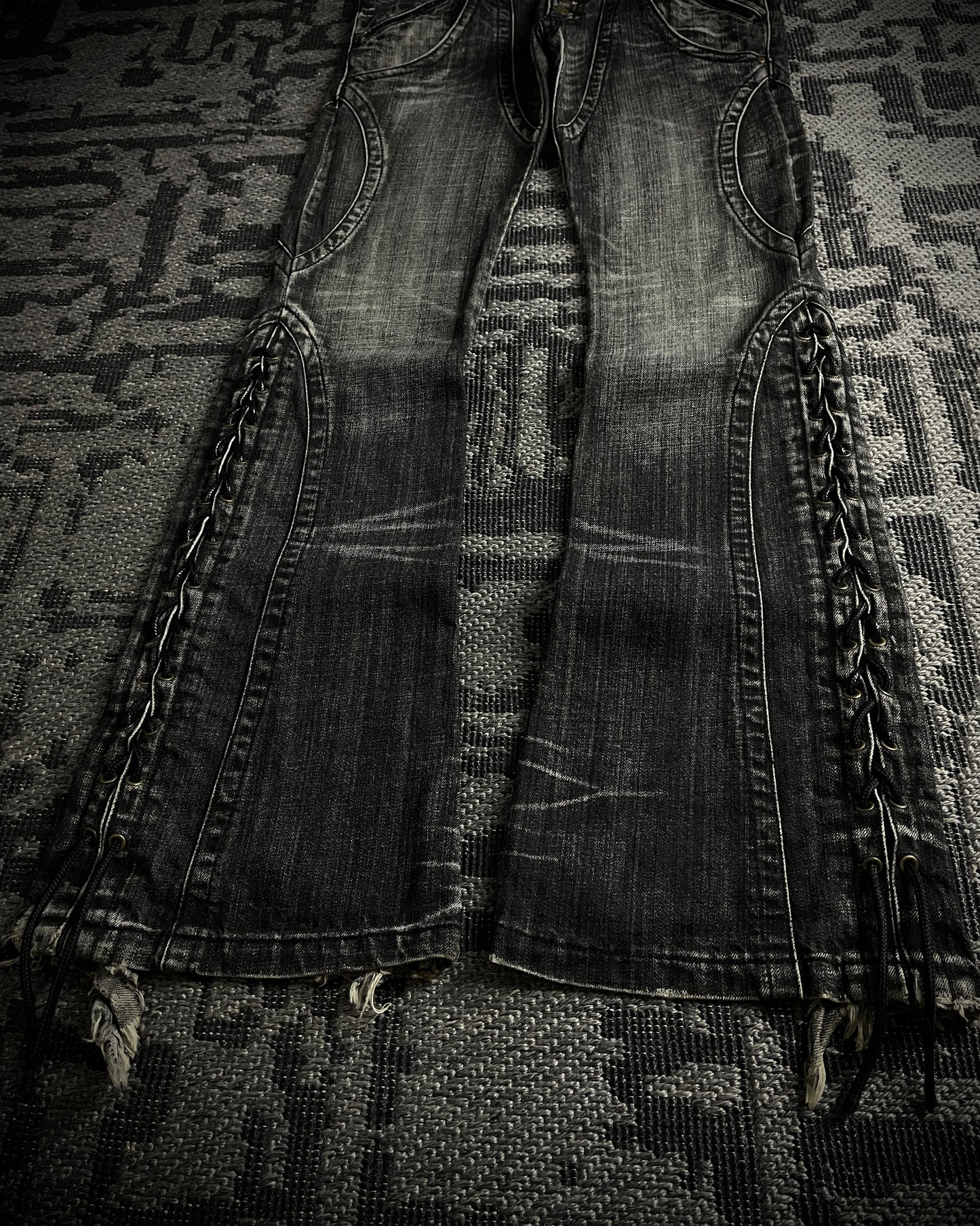 Tornado Mart Curved Panel Lace Up Flared Denim