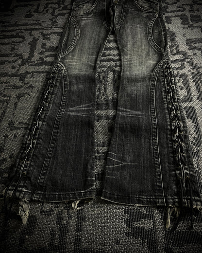 Tornado Mart Curved Panel Lace Up Flared Denim