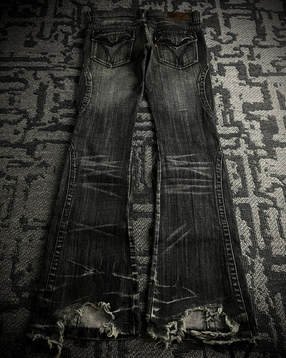 Tornado Mart Curved Panel Lace Up Flared Denim