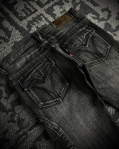 Tornado Mart Curved Panel Lace Up Flared Denim