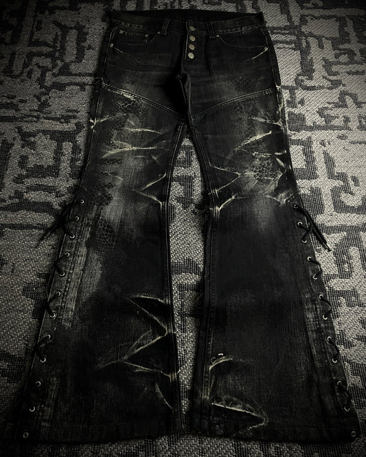 Tornado Mart Python Coated Lace Up Flared Denim
