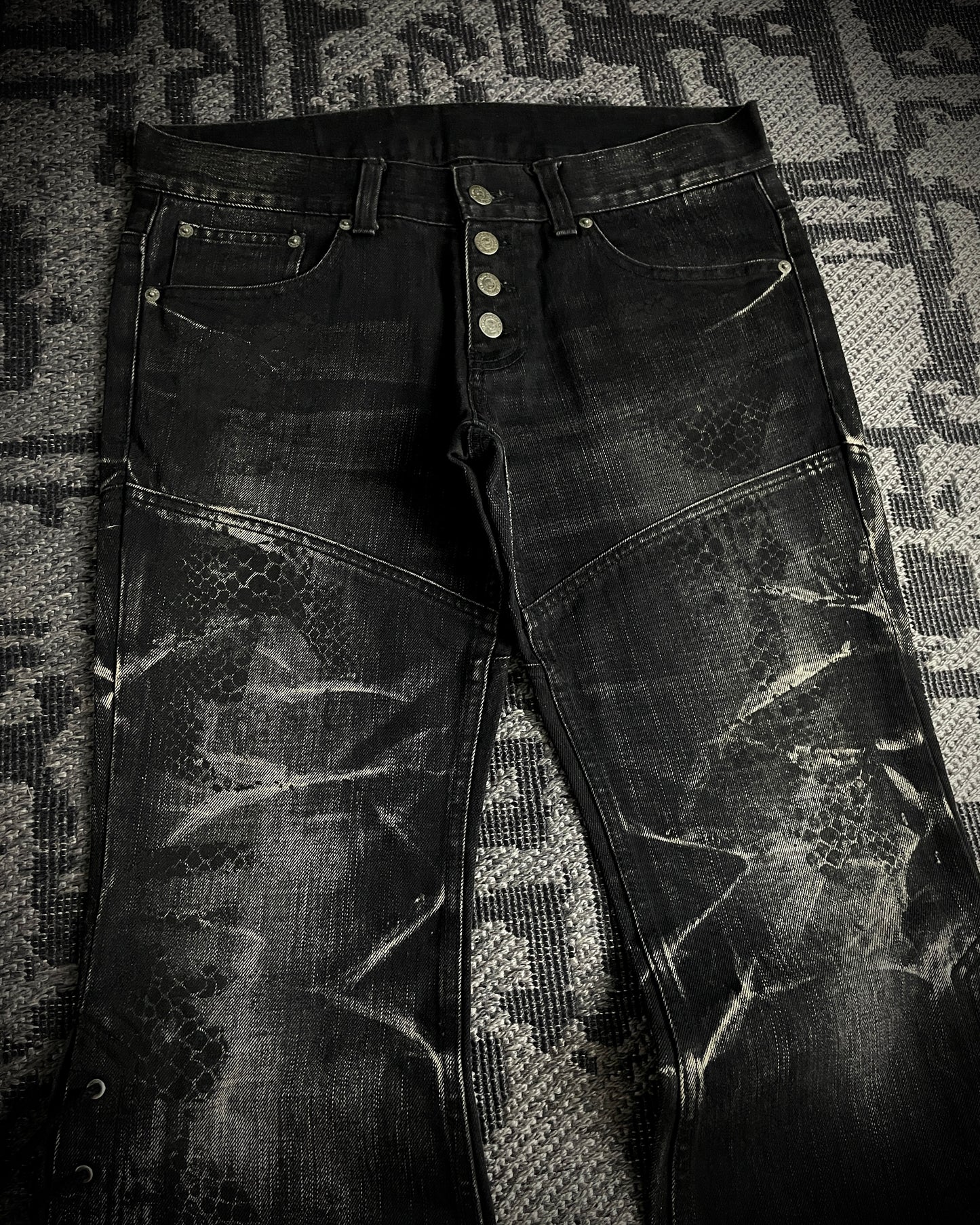Tornado Mart Python Coated Lace Up Flared Denim