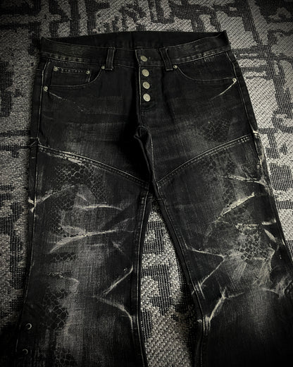 Tornado Mart Python Coated Lace Up Flared Denim