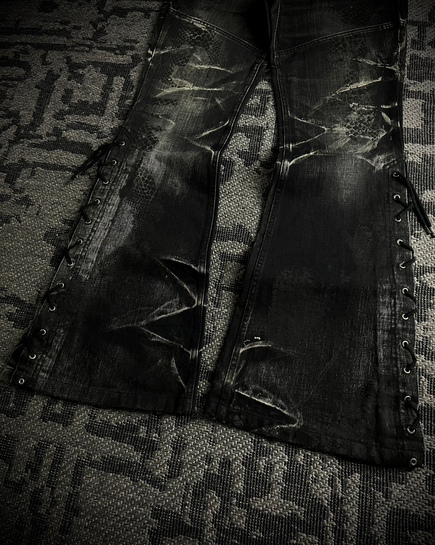 Tornado Mart Python Coated Lace Up Flared Denim