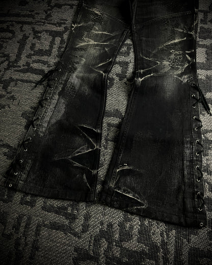 Tornado Mart Python Coated Lace Up Flared Denim