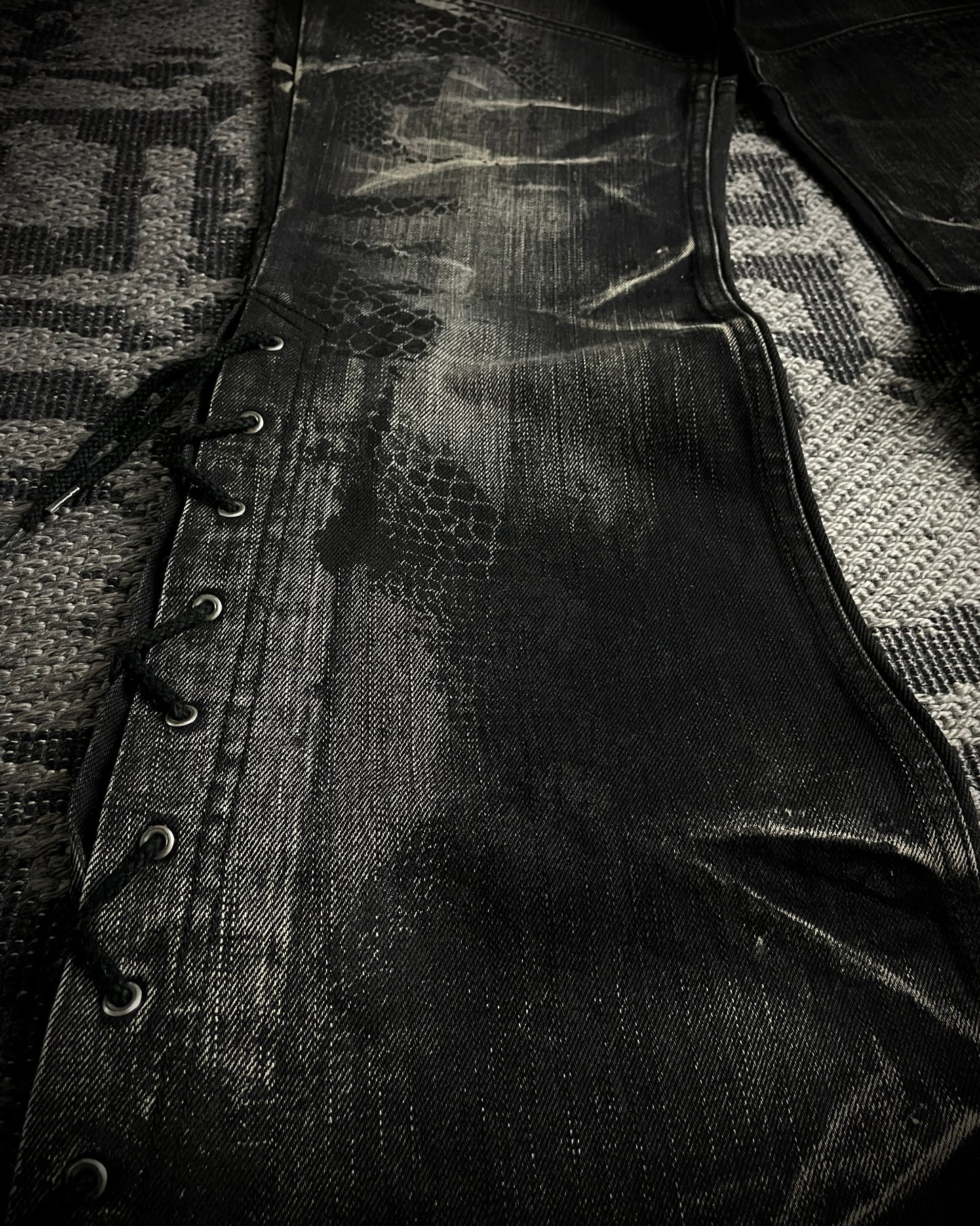 Tornado Mart Python Coated Lace Up Flared Denim