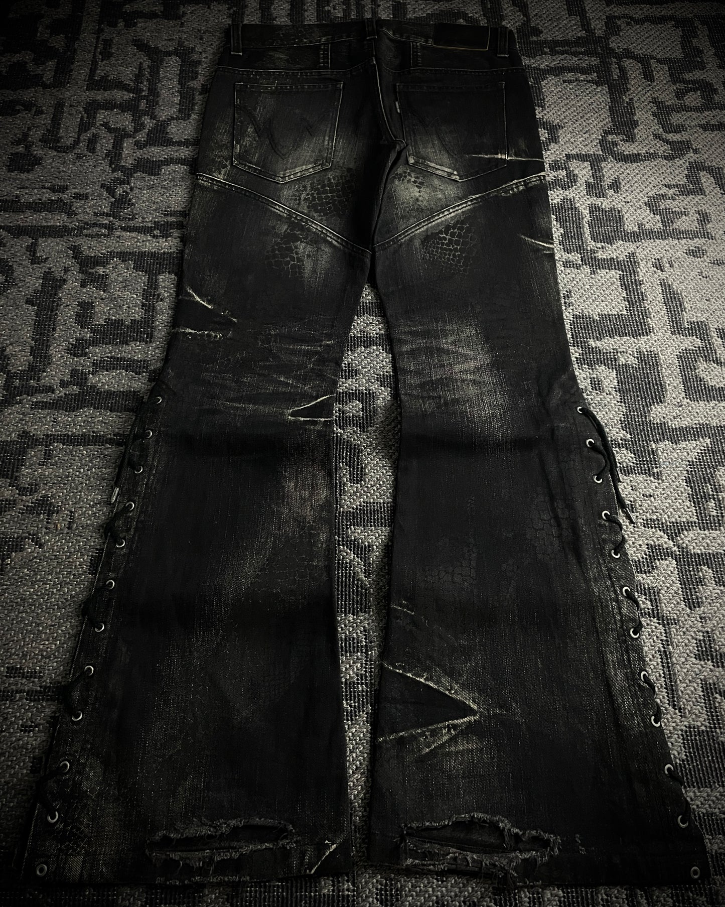 Tornado Mart Python Coated Lace Up Flared Denim