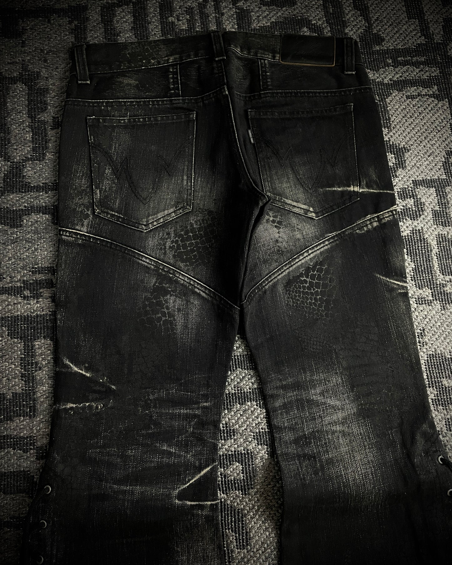 Tornado Mart Python Coated Lace Up Flared Denim
