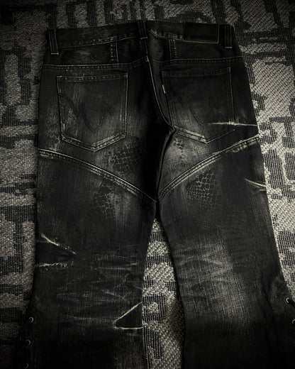 Tornado Mart Python Coated Lace Up Flared Denim