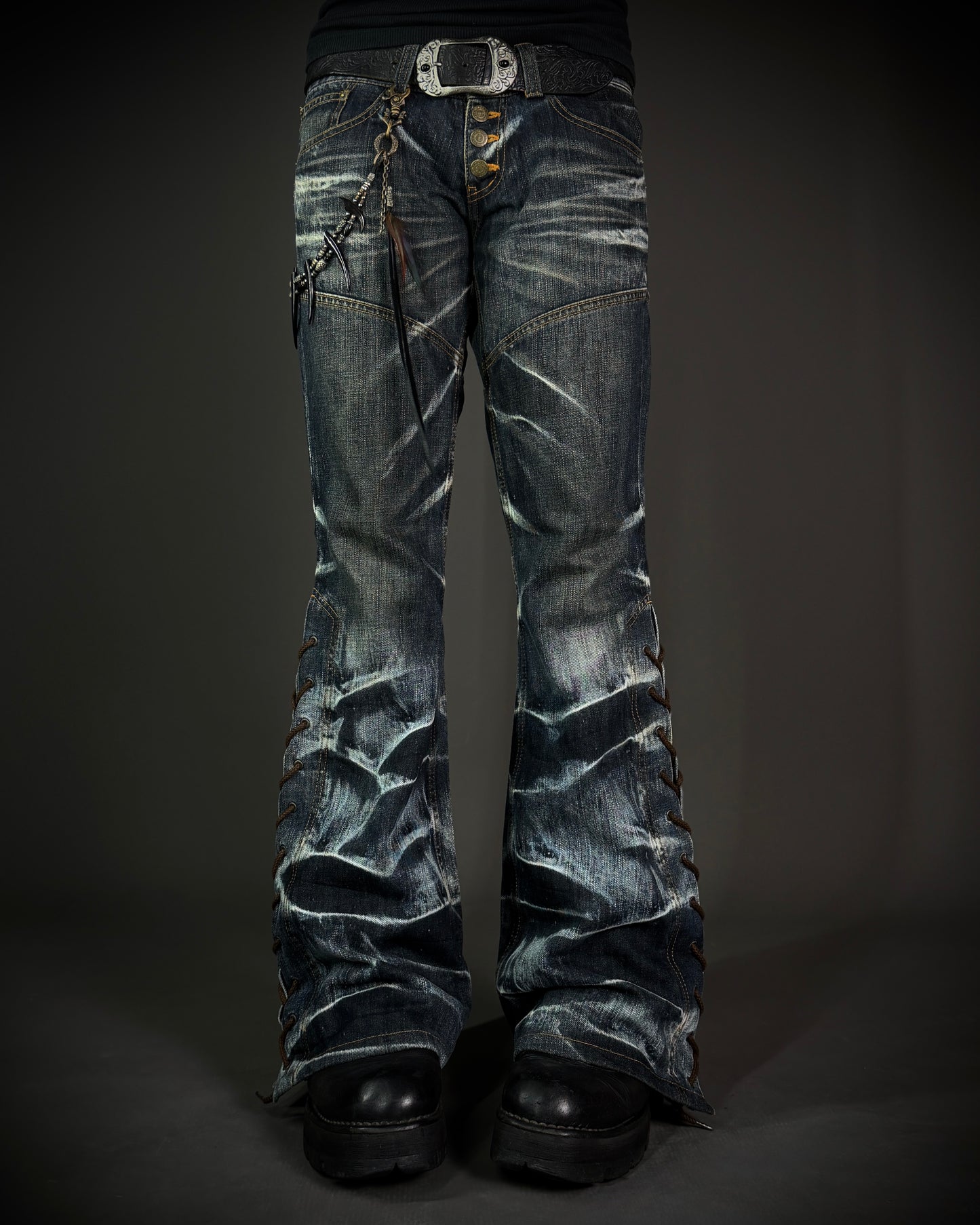 Tornado Mart Crackle Wash Lace-Up Flared Denim