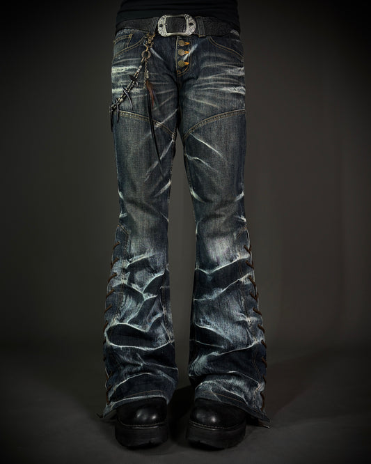 Tornado Mart Crackle Wash Lace-Up Flared Denim
