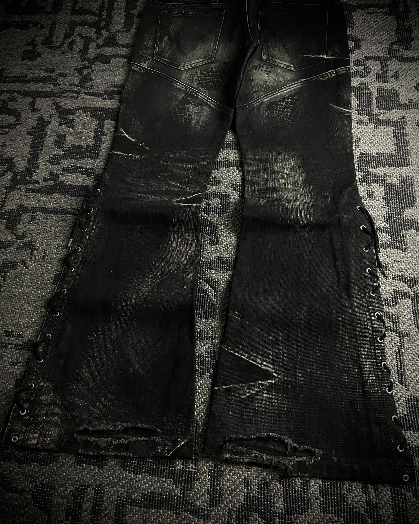 Tornado Mart Python Coated Lace Up Flared Denim
