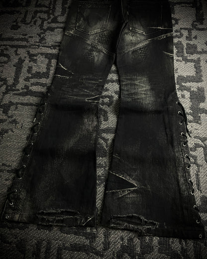 Tornado Mart Python Coated Lace Up Flared Denim