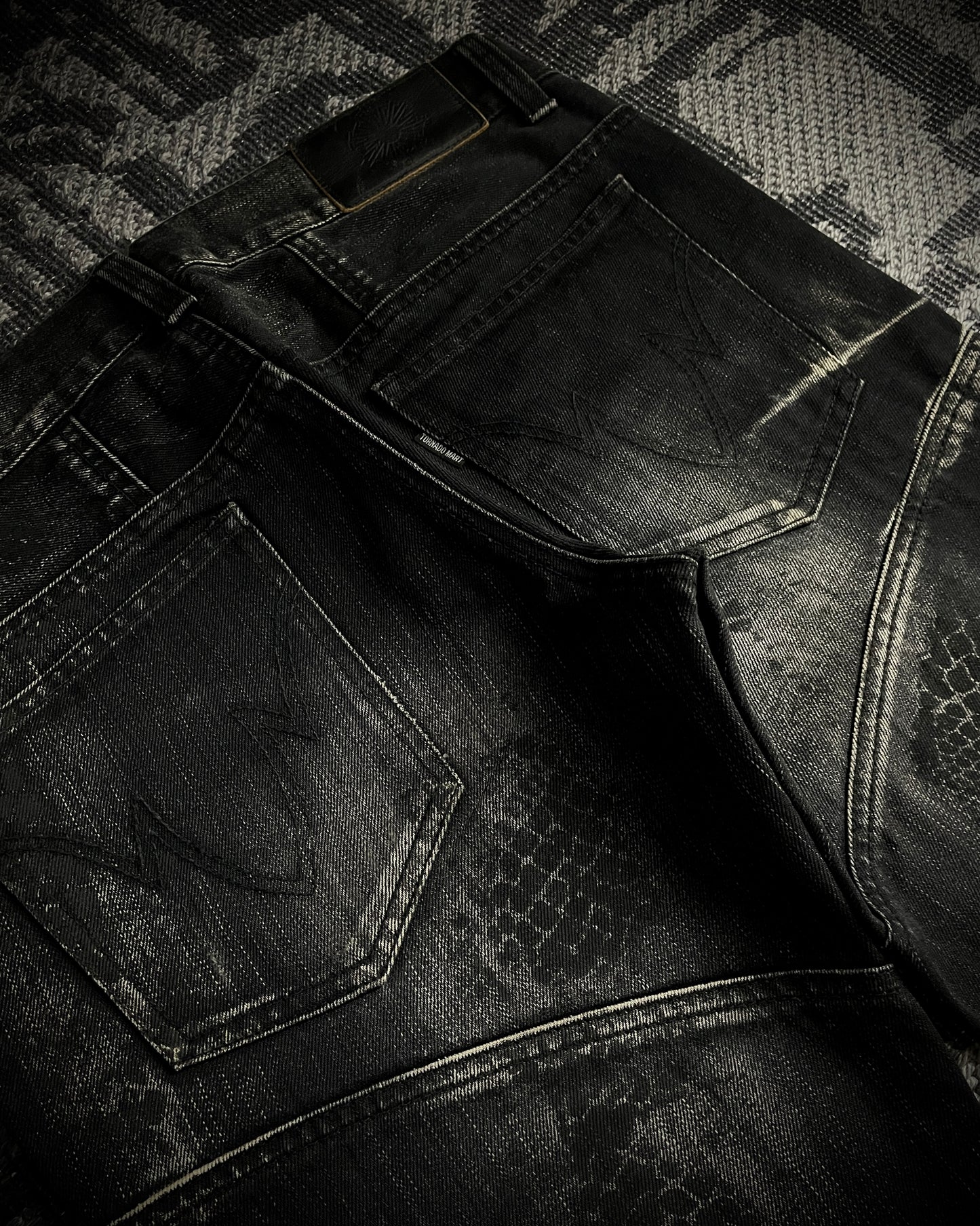 Tornado Mart Python Coated Lace Up Flared Denim