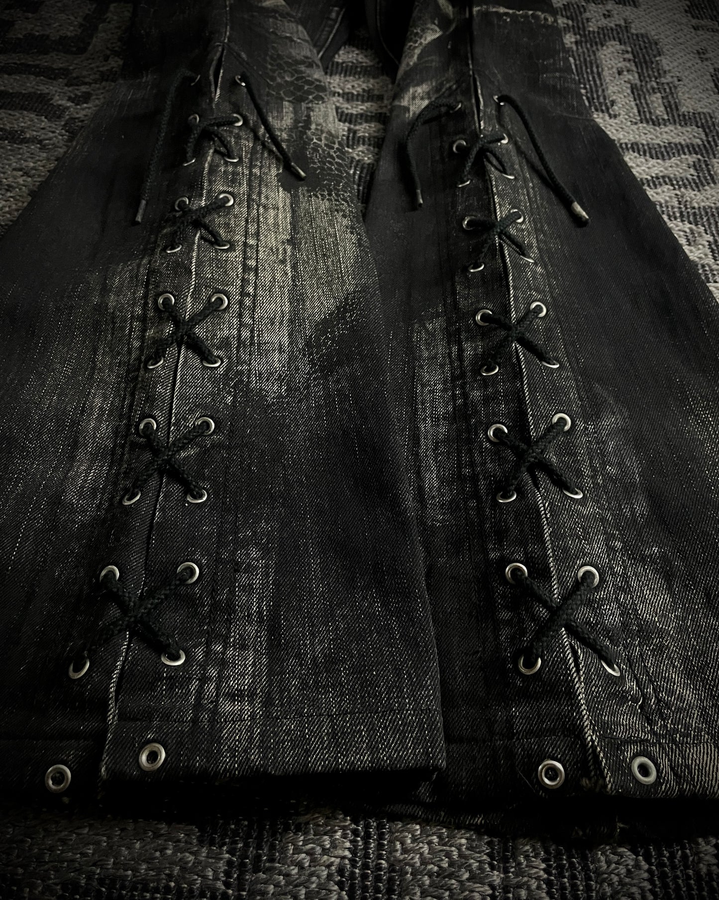 Tornado Mart Python Coated Lace Up Flared Denim