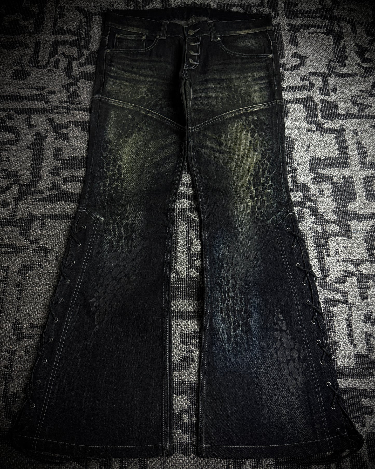 Tornado Mart Leopard Coated Lace-Up Flared Denim