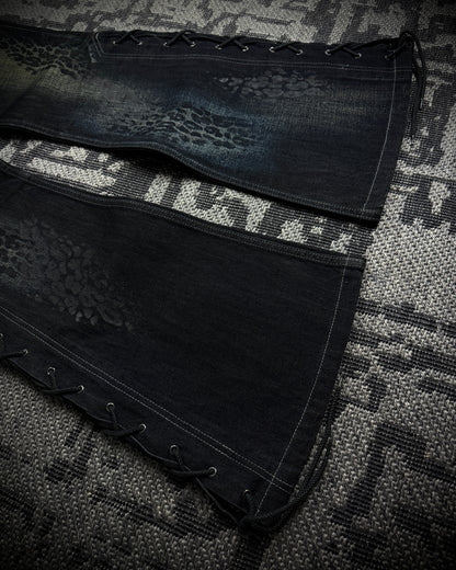 Tornado Mart Leopard Coated Lace-Up Flared Denim