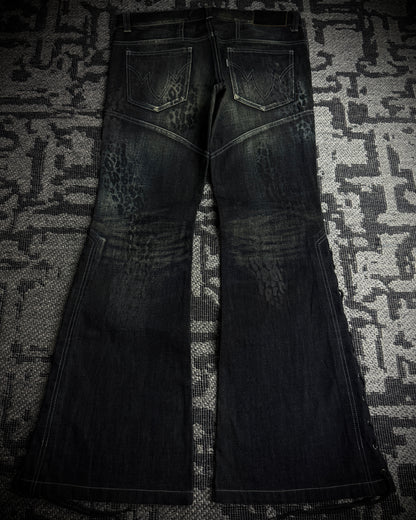 Tornado Mart Leopard Coated Lace-Up Flared Denim