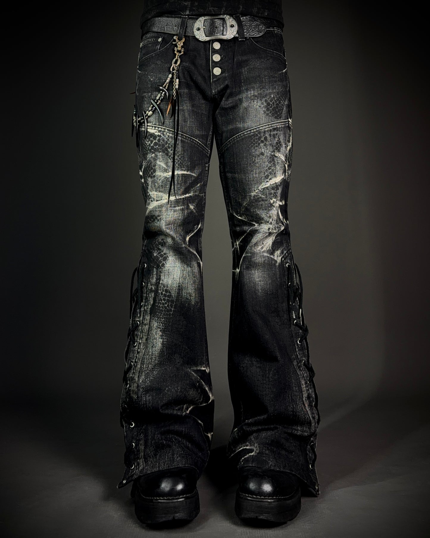 Tornado Mart Python Coated Lace Up Flared Denim