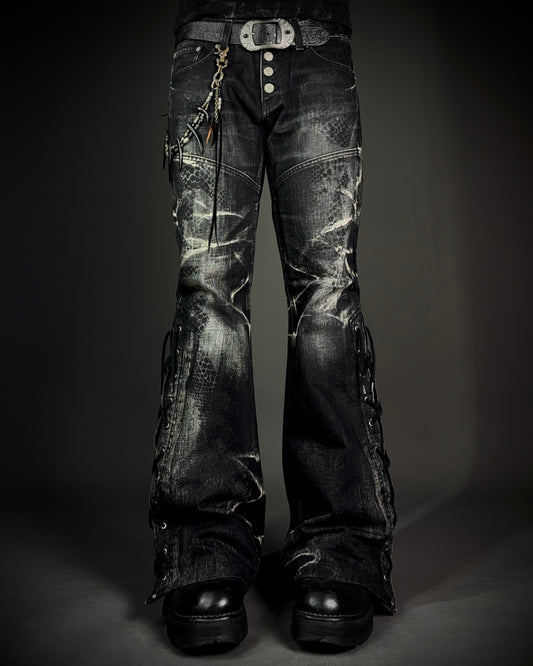 Tornado Mart Python Coated Lace Up Flared Denim