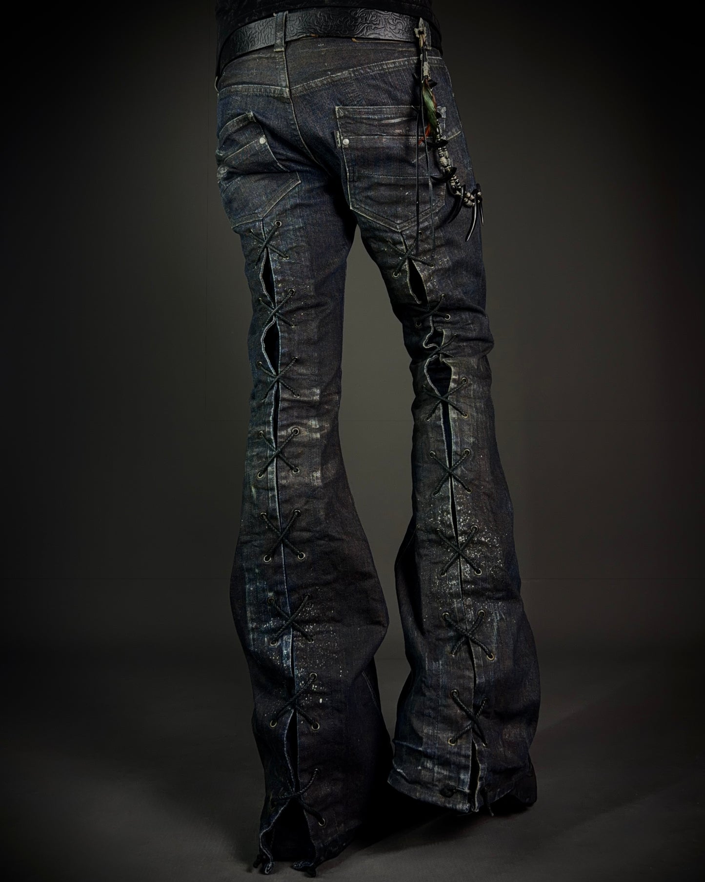 Tornado Mart Extended Back Lace Up Silver Flared Denim