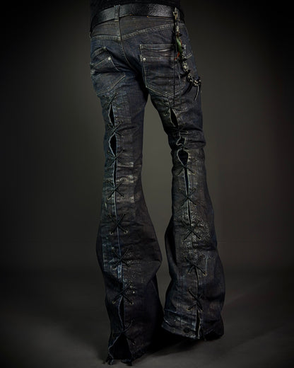 Tornado Mart Extended Back Lace Up Silver Flared Denim
