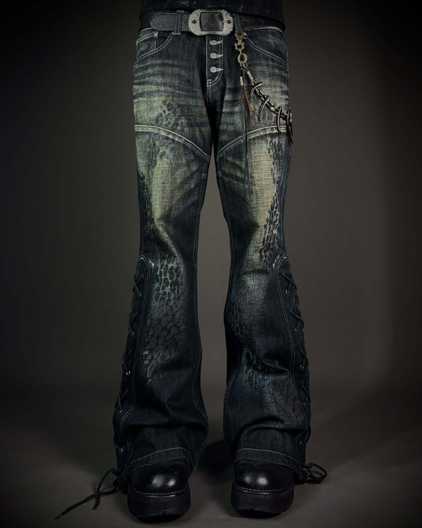 Tornado Mart Leopard Coated Lace-Up Flared Denim