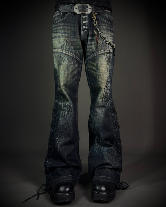 Tornado Mart Leopard Coated Lace-Up Flared Denim
