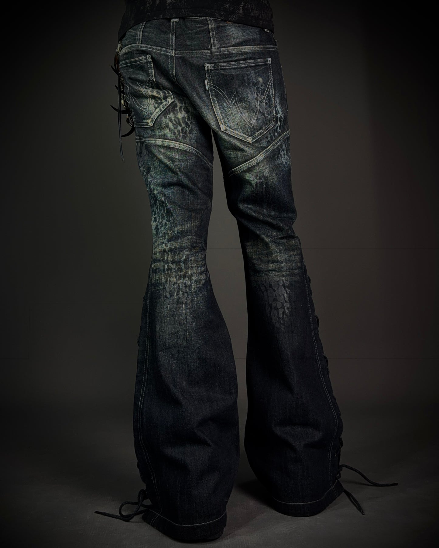 Tornado Mart Leopard Coated Lace-Up Flared Denim