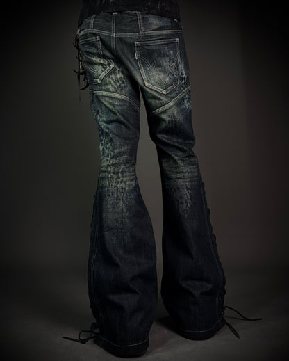 Tornado Mart Leopard Coated Lace-Up Flared Denim