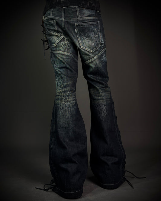 Tornado Mart Leopard Coated Lace-Up Flared Denim