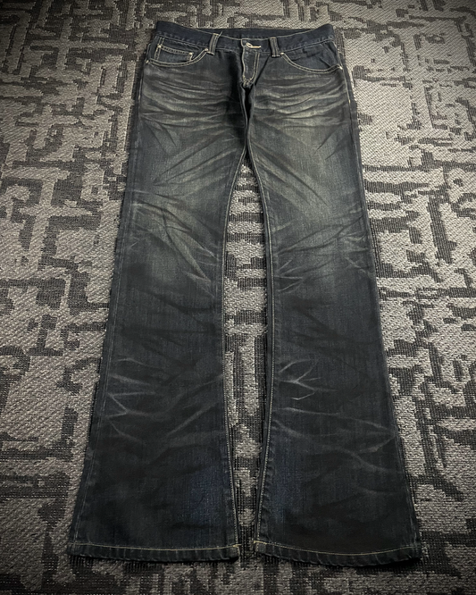 Tornado Mart Whiskered Blue black curve leg Boot Cut Jeans
