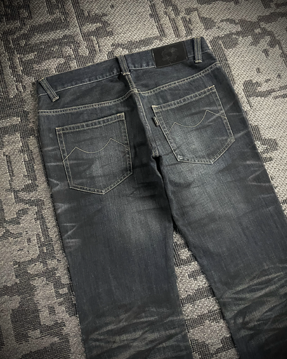 Tornado Mart Whiskered Blue black curve leg Boot Cut Jeans