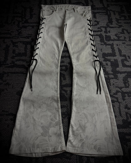 Tornado Mart Thigh Lace-Up Floral Flared Jeans