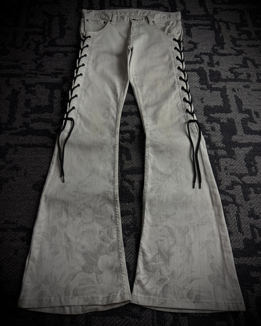 Tornado Mart Thigh Lace-Up Floral Flared Jeans