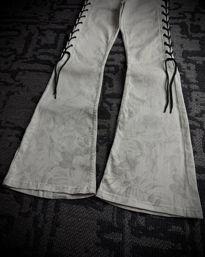 Tornado Mart Thigh Lace-Up Floral Flared Jeans