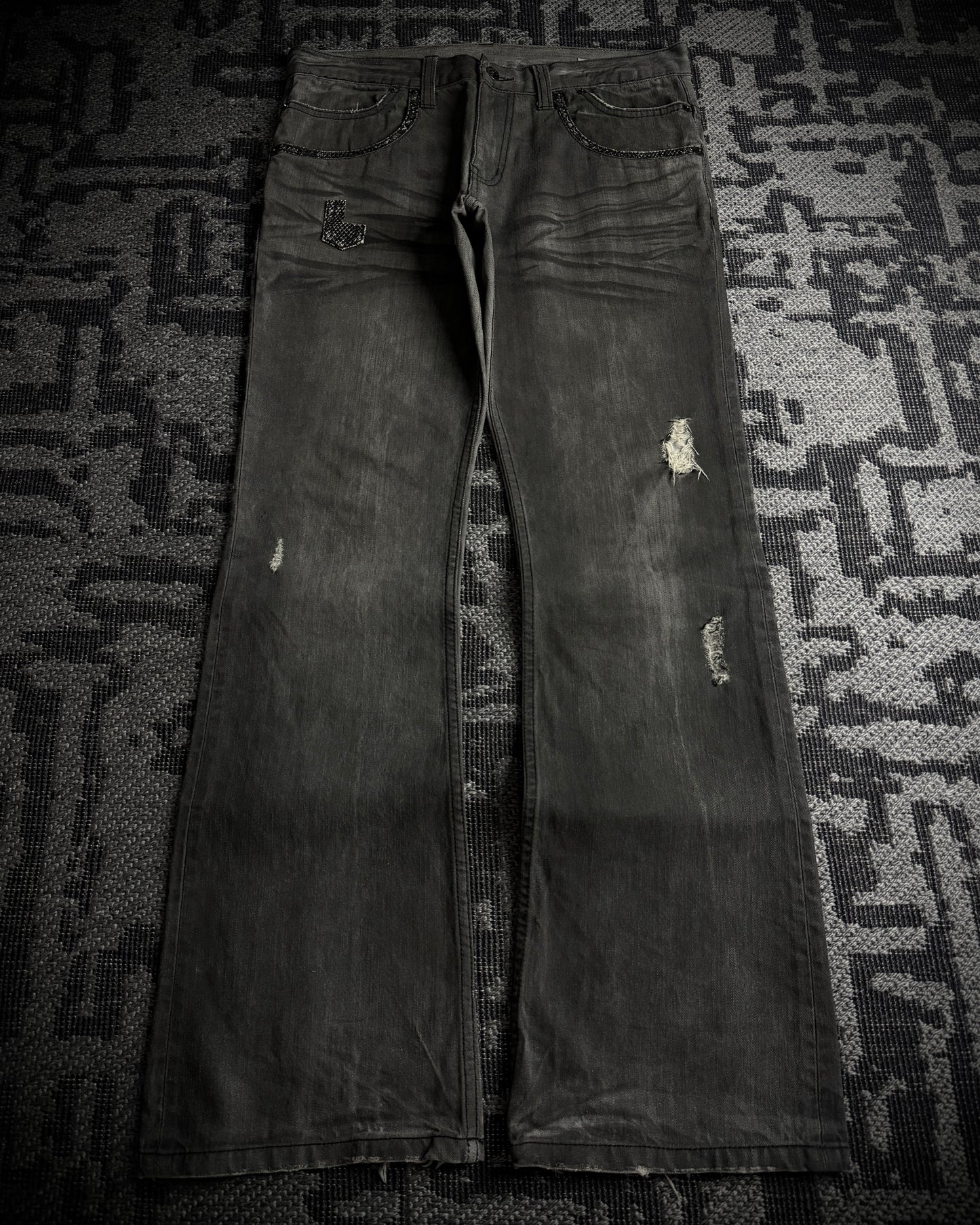 Semantic Design Snakeskin Black Whiskered Smoke Gray Flared Jeans