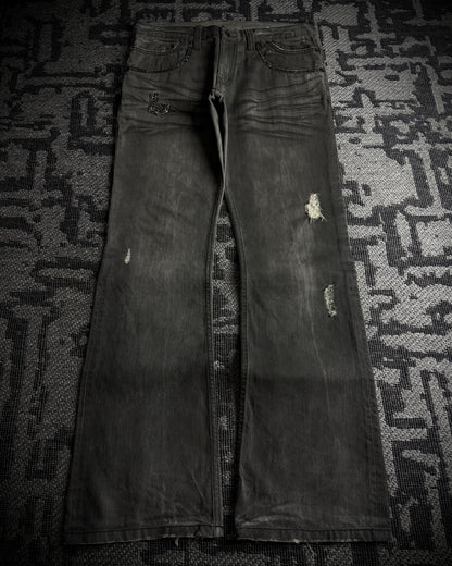 Semantic Design Snakeskin Black Whiskered Smoke Gray Flared Jeans