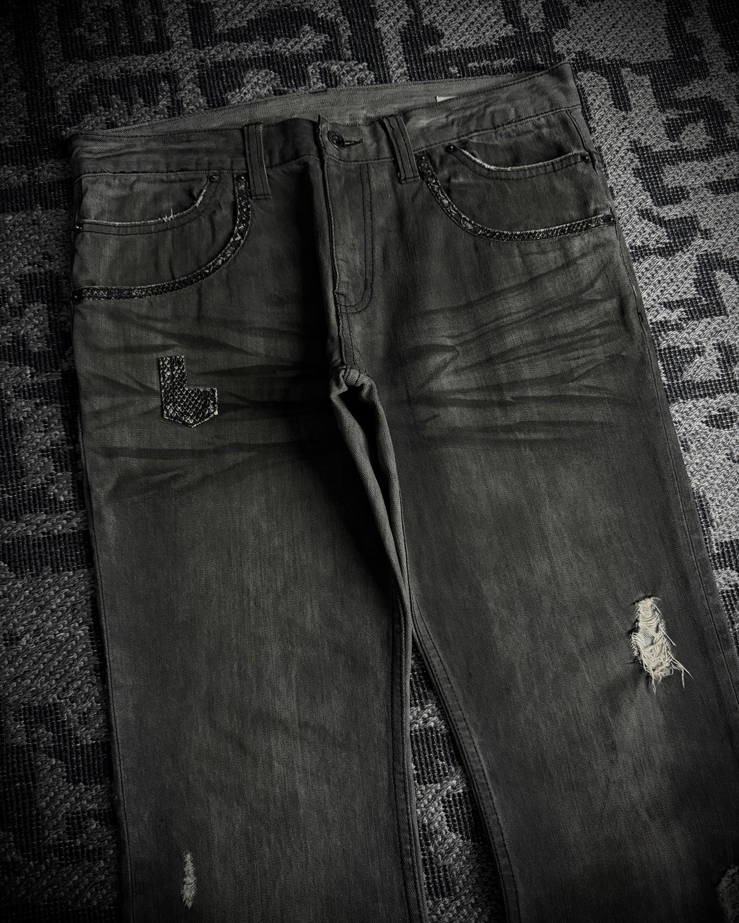 Semantic Design Snakeskin Black Whiskered Smoke Gray Flared Jeans