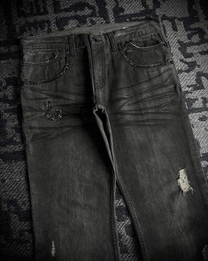 Semantic Design Snakeskin Black Whiskered Smoke Gray Flared Jeans
