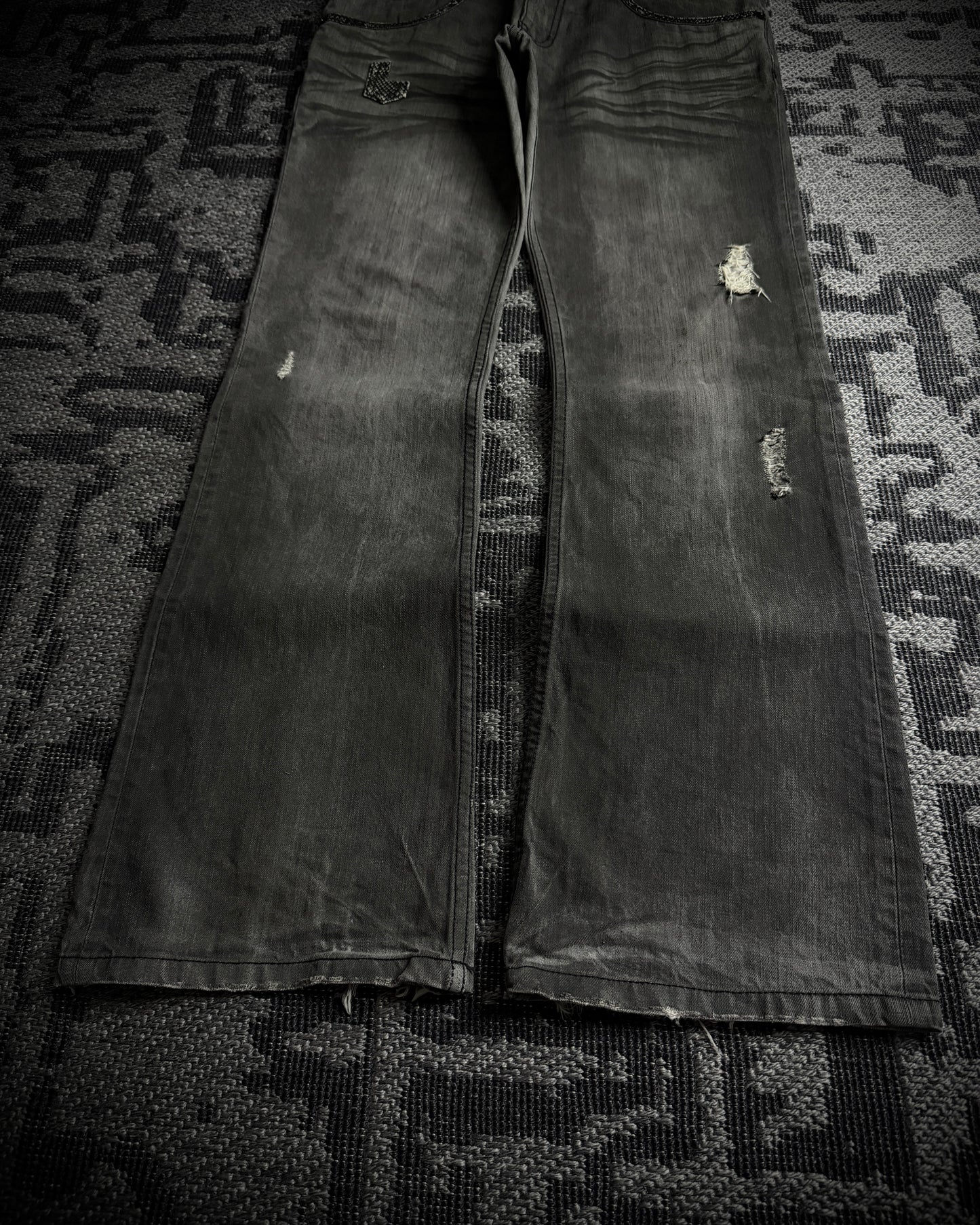 Semantic Design Snakeskin Black Whiskered Smoke Gray Flared Jeans
