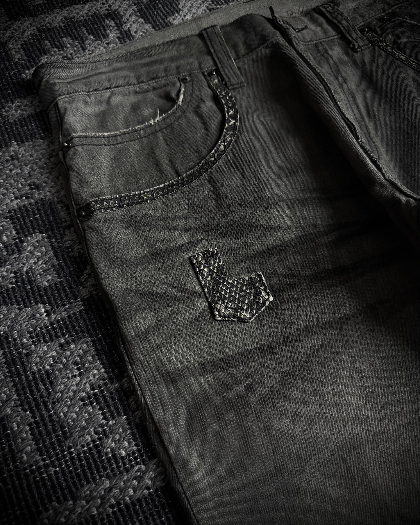 Semantic Design Snakeskin Black Whiskered Smoke Gray Flared Jeans