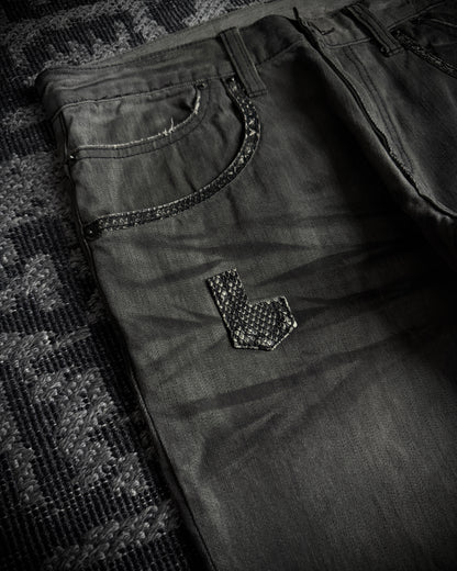 Semantic Design Snakeskin Black Whiskered Smoke Gray Flared Jeans