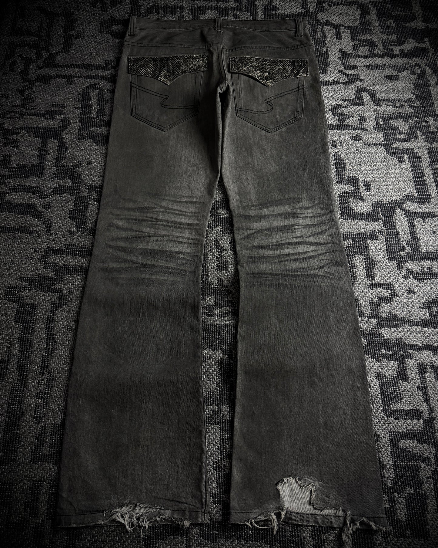 Semantic Design Snakeskin Black Whiskered Smoke Gray Flared Jeans