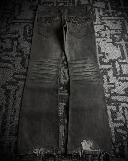 Semantic Design Snakeskin Black Whiskered Smoke Gray Flared Jeans