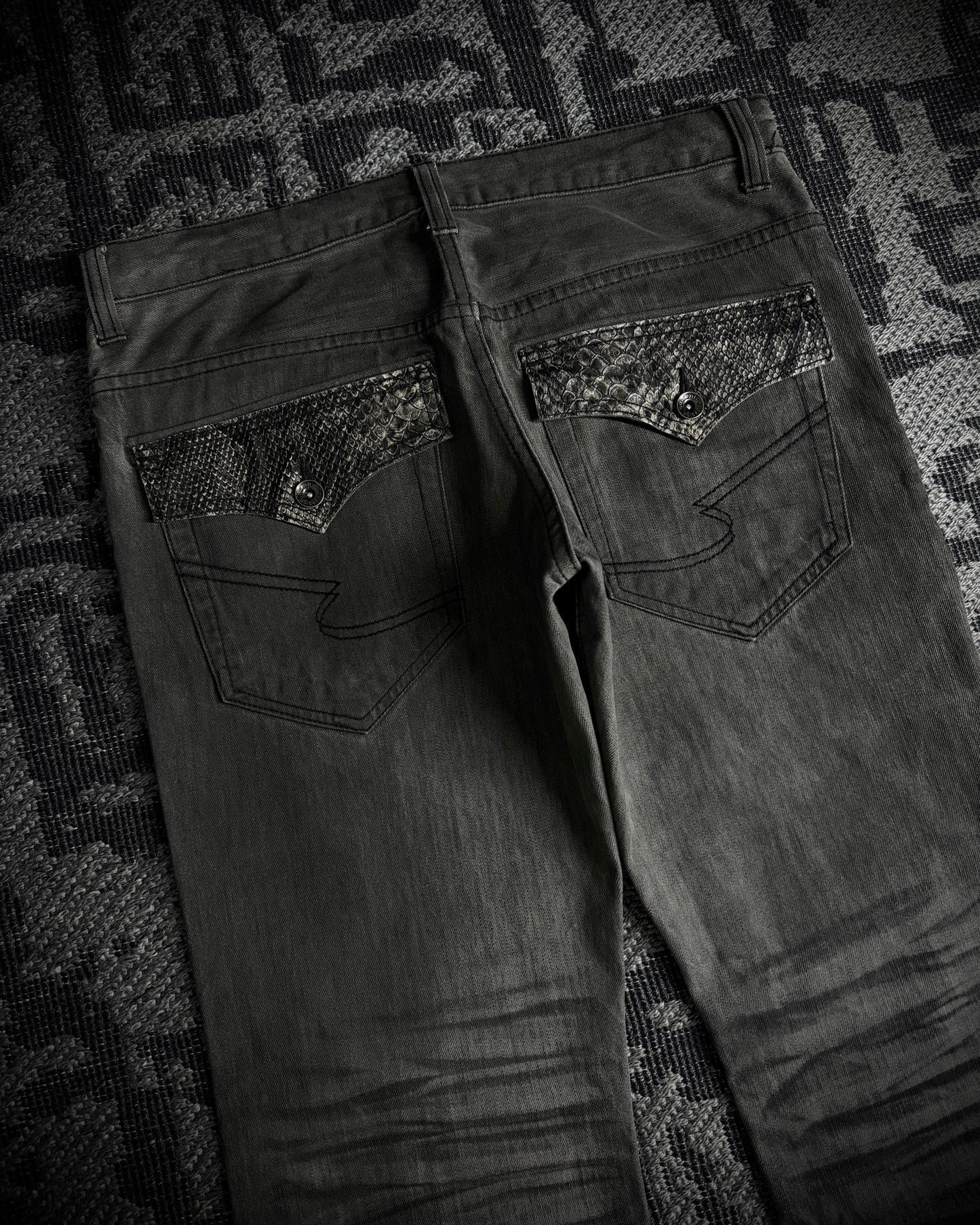 Semantic Design Snakeskin Black Whiskered Smoke Gray Flared Jeans